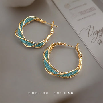 Gold Tone Aqua Enamel Twisted Multi Strand Hoop Earrings
