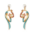 Gold Tone Aqua Red Ribbon Swirl Pearl Top Drop Stud Earrings view 5