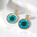 Gold Tone Pressed Flower Resin Geometric Drop Stud Earrings view 2