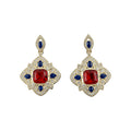 Red Center Ornate Crystal Drop Earrings with Polished Metal Tone Details view 5