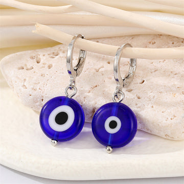 Silver Tone Blue Glass Evil Eye Huggie Drop Earrings