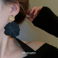 Black Spiral Flower Statement Drop Earrings With Gold Studs view 3