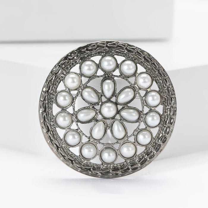 Round Pearl Lattice Brooch in an Antique Silver Tone