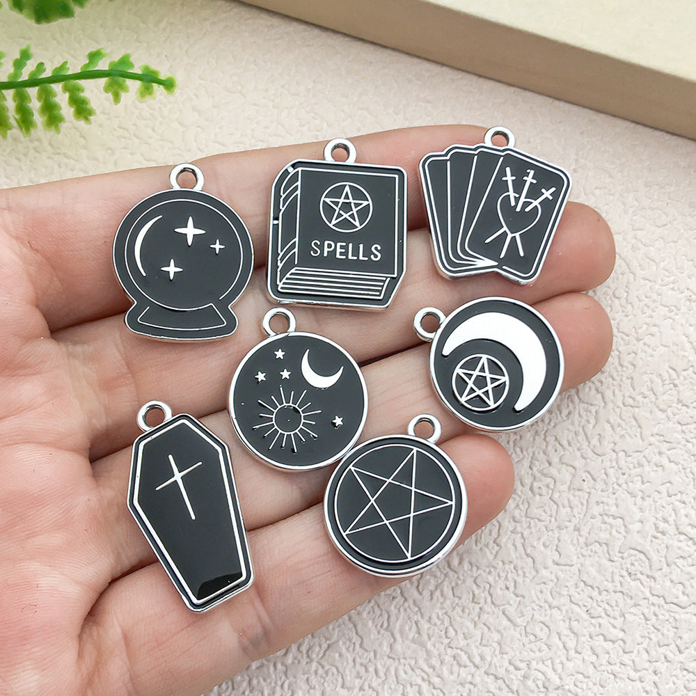 Black White Zinc Alloy Magic Circle Magic Book Round Charm Pendant for Bracelets and Keychains