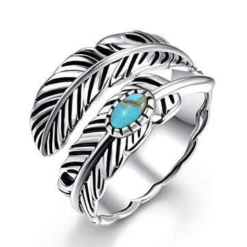 Aqua Oval Stone Feather Adjustable Ring Antiqued Silver Tone