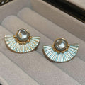 Blue Fan Textured Gold Tone Stud Earrings Statement Jewelry view 2