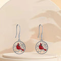 Red Bird Branch Disc Drop Earrings in Silver Tone Jewelry view 3
