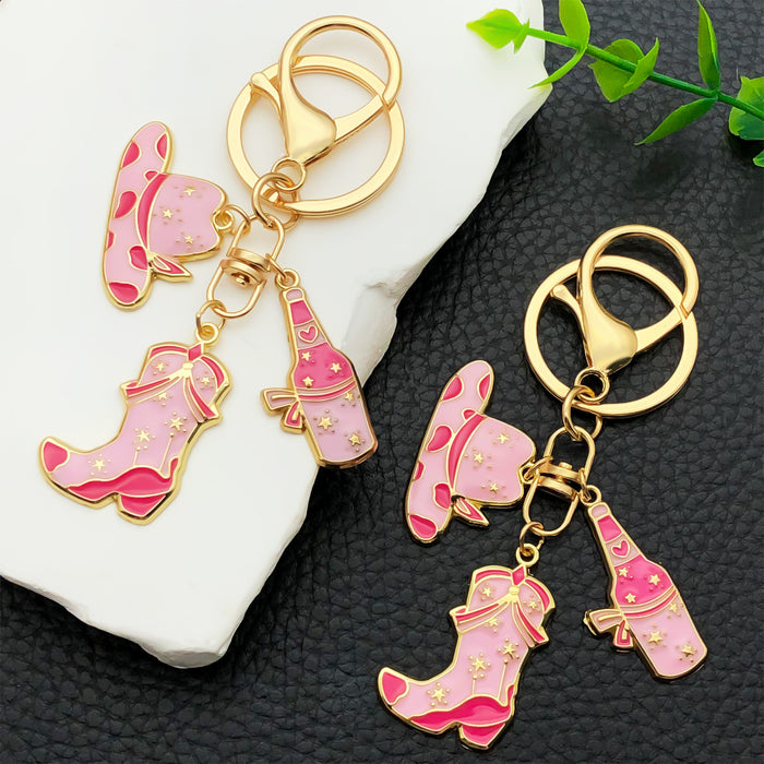 Pink Western Hat Boot Bottle and Star Metal Keychain Set