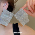 Crystal Mesh Layered Square Earrings with Polished Metal Tone Details view 3