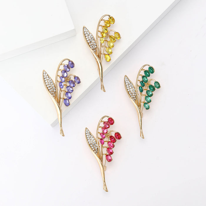 Crystal Grain Spray Brooch Gold Stem Four Color Stones