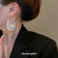 White Mesh Hoop Stud Earrings with Large Pearl Centers view 4