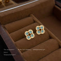Gold Enamel Four-Petal Stud Earrings Turquoise White Accents view 3