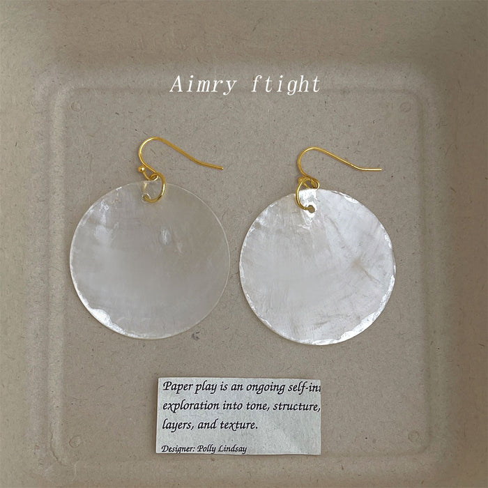 Gold Round White Shell Disc Drop Earrings Natural Pair