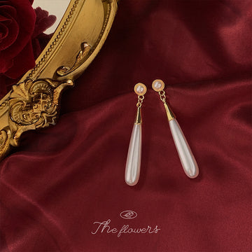 Long White Teardrop Pearl Drop Earrings with Gold Caps