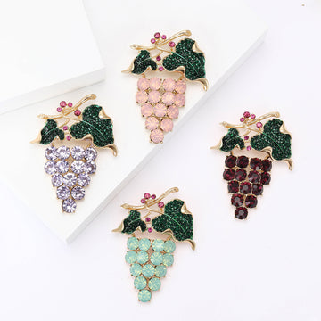Crystal Grape Cluster Brooch with Green Leaves in Four Colors