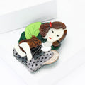 Girl Holding Rabbit Acrylic Brooch in Green and Gray view 2