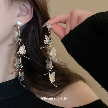 Silver Tone Leaf Branch Long Drop Earrings for Women