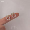 Gold Bow Open Circle Pearl and CZ Stud Earrings Pair view 6