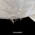 Silver Bow Chain Tassel Stud Earrings With Decorative Details view 1