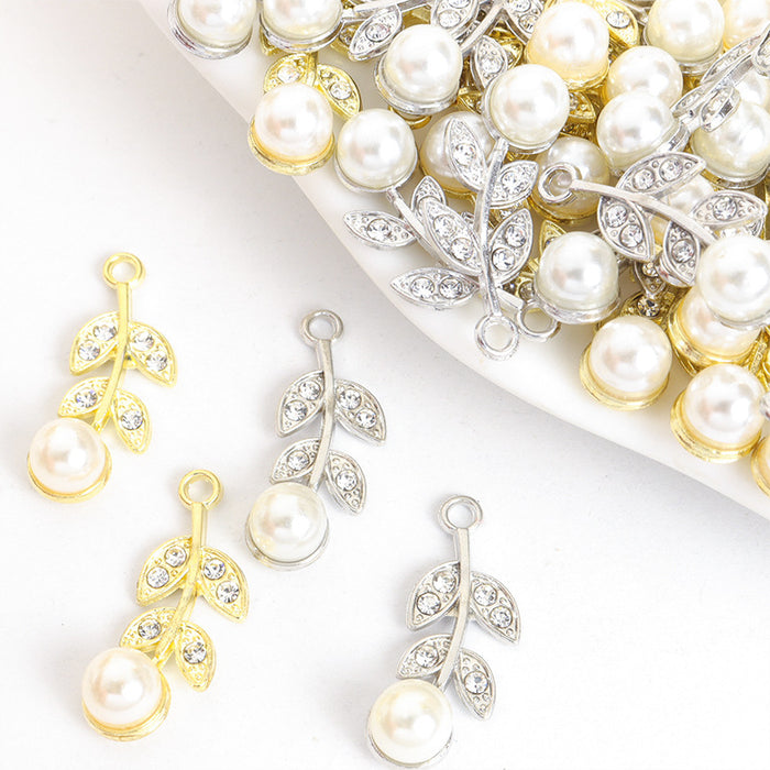 Pearl and Crystal Leaf Branch Charms in Gold and Silver Tones
