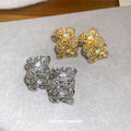Crystal Flower C Shape Stud Earrings with Polished Metal Tone Details view 2