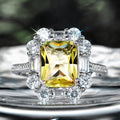 Yellow Emerald Cut Halo Crystal Ring Silver Tone Sizes 6-10 view 3