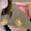 Crystal Flower Drop Threader Earrings in Gold and Silver Tones view 3
