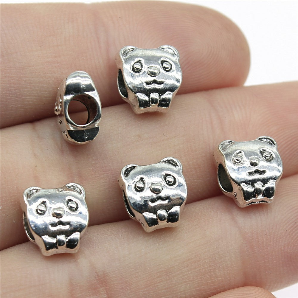 10x9x7mm 1.7g Vintage Zinc Alloy Cute Panda Large Hole Loose Metal Bear Cat Double Sided Beads for Bracelet Jewelry Maki