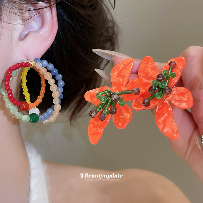 Beaded Flower Statement Stud Earrings - 2 Styles Polished Decorative Design