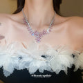 Pink Crystal Flower Teardrop Statement Necklace Silver Tone view 1