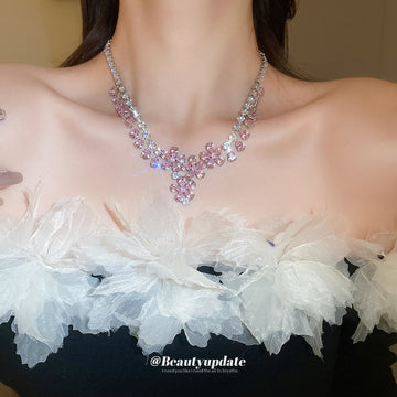 Pink Crystal Flower Teardrop Statement Necklace Silver Tone