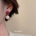 Gold Red Enamel Pearl Heart Geometric Stud Drop Earring Set view 4
