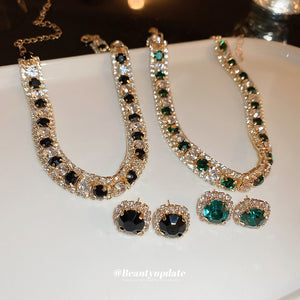 Gold Tone Round Stone Necklace And Earring Set In Green Or Black