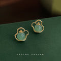 Gold Tone Green Stone Teapot Outline Stud Earrings For Women view 6