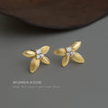 Gold Four Petal Flower Stud Earrings Clear Crystal Centers view 3