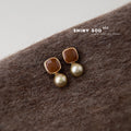 Mocha Enamel Square Champagne Pearl Drop Earrings Gold view 4