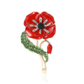 Red Enamel Poppy Flower Brooch Green Crystal Leaf Gold Tone view 1