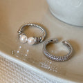 Silver Open Ring Set Double Pearl and Pave Band 2 Pcs view 4