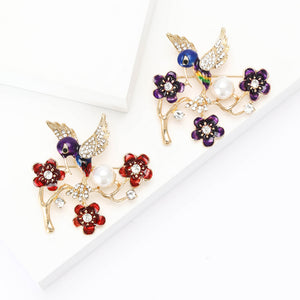 Bird on Flowering Branch Brooch with Pearl Accent in Two Colors