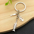 Antique Silver Cat and Fish Bone Metal Keychain Charm view 3
