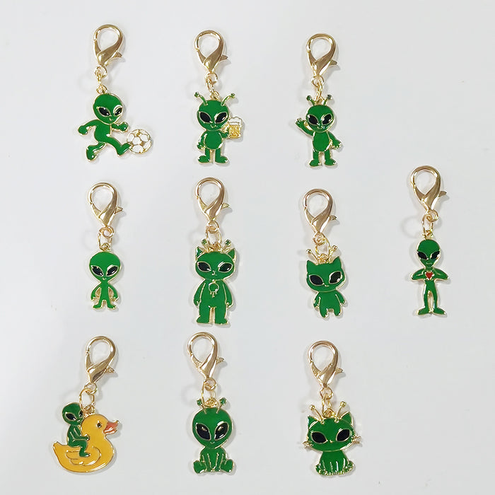 Gold Tone Green Alien and Alien Cat Lobster-Clasp Charms in Ten Designs