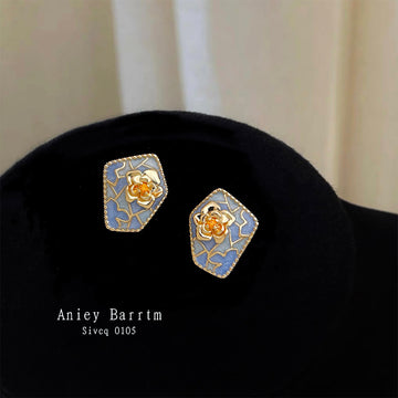 Gold Tone Blue Gray Polygon Camellia Relief Enamel Stud Earrings