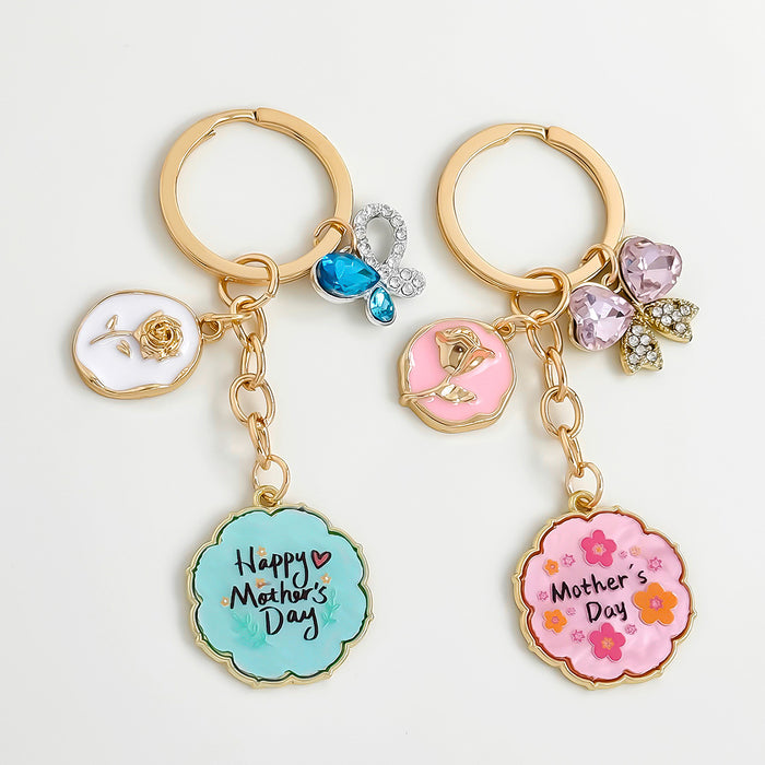 Gold Tone Enamel Flower Butterfly Charm Keychain With Mother's Day Pendant