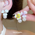 Gradient Flower and Pearl Drop Earrings in Three Colors view 2