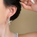 Asymmetric Silver Tone Starfish and Shell Dangle Hoop Earrings view 2