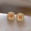 Champagne Square Crystal Halo Stud Earrings Statement Jewelry view 1