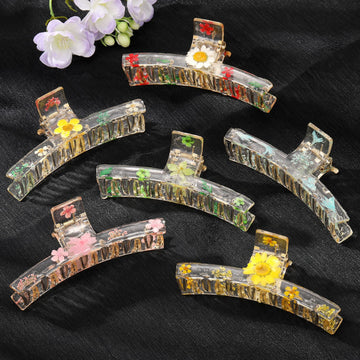 Transparent Resin Pressed Flower Large Curved Hair Claw Clips