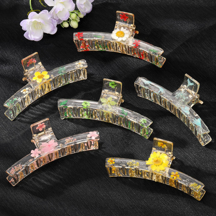 Transparent Resin Pressed Flower Large Curved Hair Claw Clips