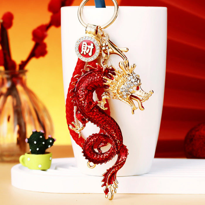 Large Red Chinese Dragon Keychains in Plain and Fortune Cord Options