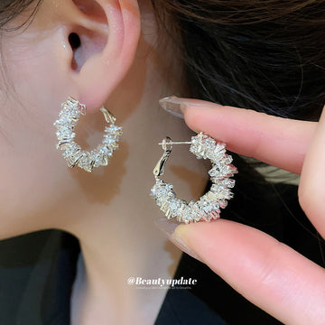 Crystal Cluster Hoop Earrings With Polished Metal Tone Details